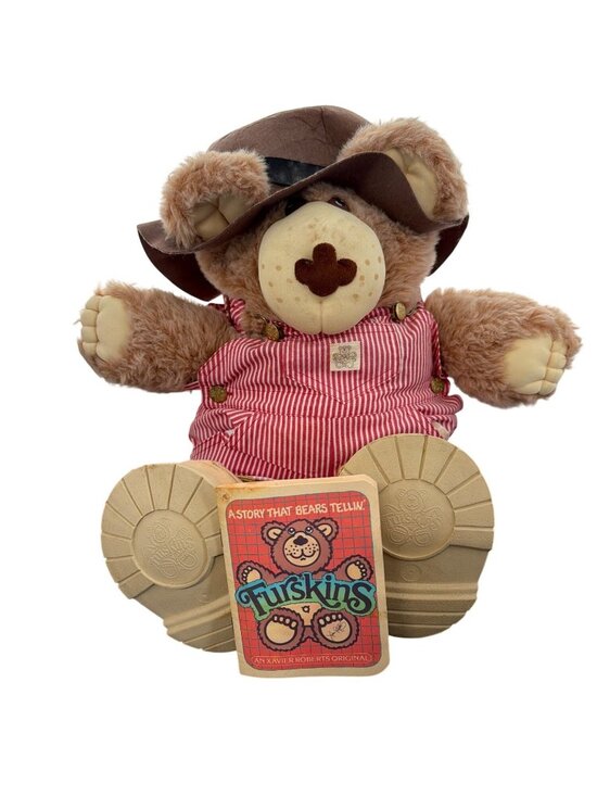 Xavier Roberts Other - Dudley Furskin Plush Bear With Hat & Striped Overalls By Xavier Roberts 1980s